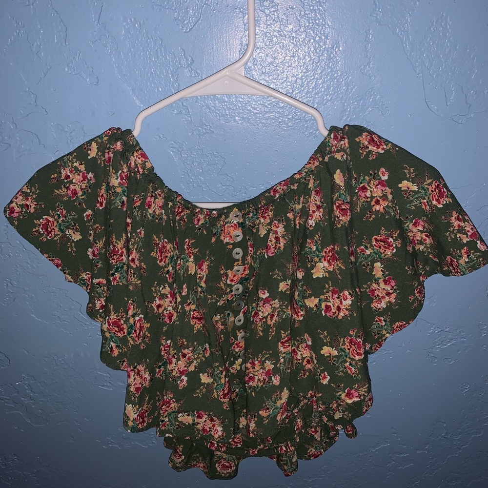 Floral green off the shoulder crop top